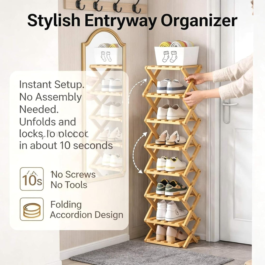 9-Tier Foldable Bamboo Shoe Rack - Slim Corner Shelf Portable Organizer with Tool-Free Setup for Entryway, Closet, Bedroom, Under-Bed Storage