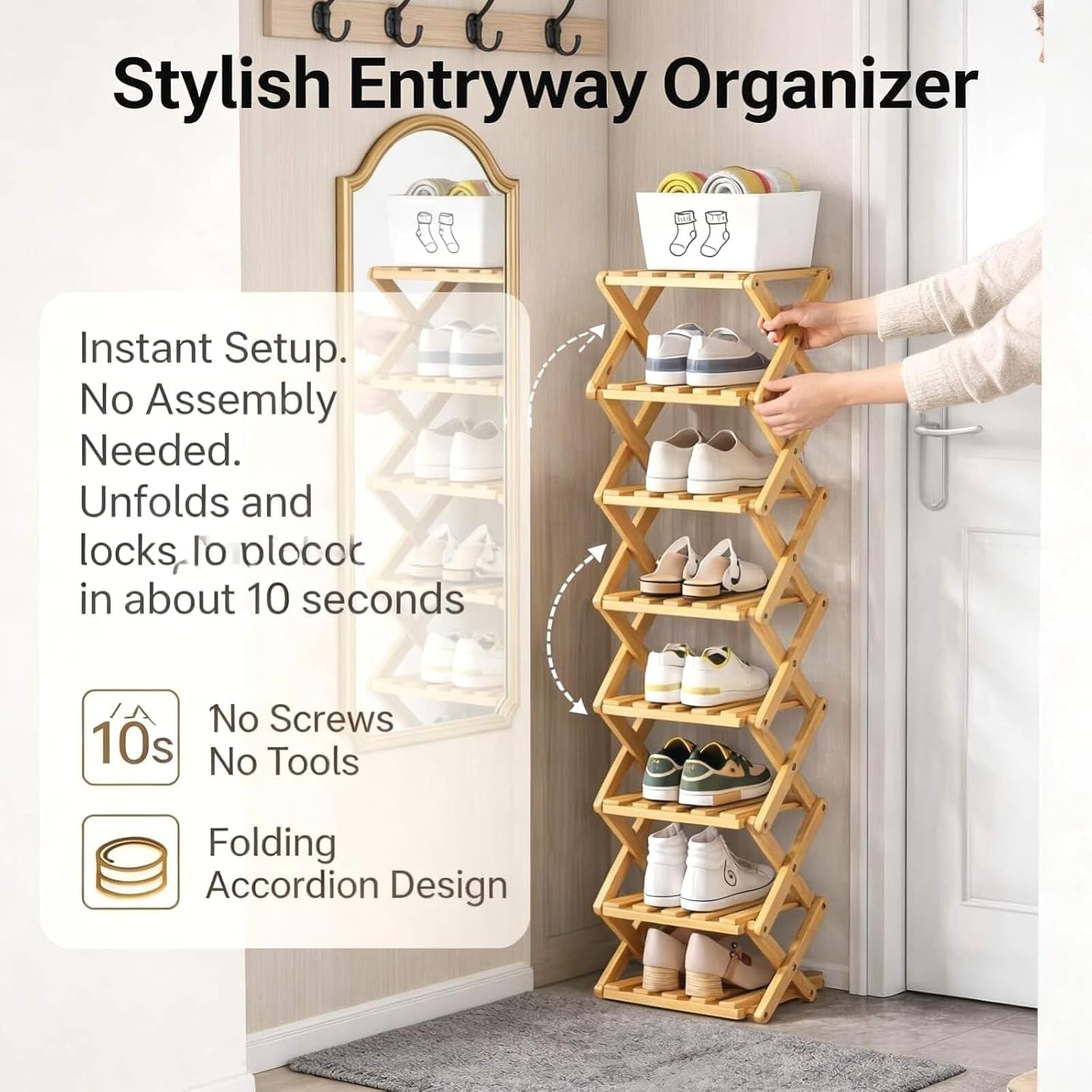 9-Tier Foldable Bamboo Shoe Rack - Slim Corner Shelf Portable Organizer with Tool-Free Setup for Entryway, Closet, Bedroom, Under-Bed Storage