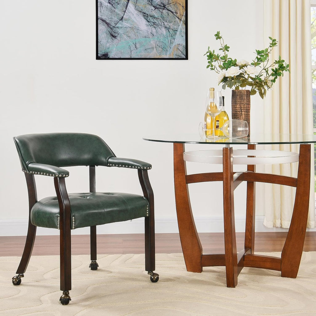 LEEMTORIG Large Dining Chairs with Casters and Arms, Rolling Dining Chairs with Wheels, Game Poker Table Chairs, Boss Caption's Chairs, 26"D x 25.2"W x 31.5"H, Espresso Legs & Green PU, XXY-1910-GN