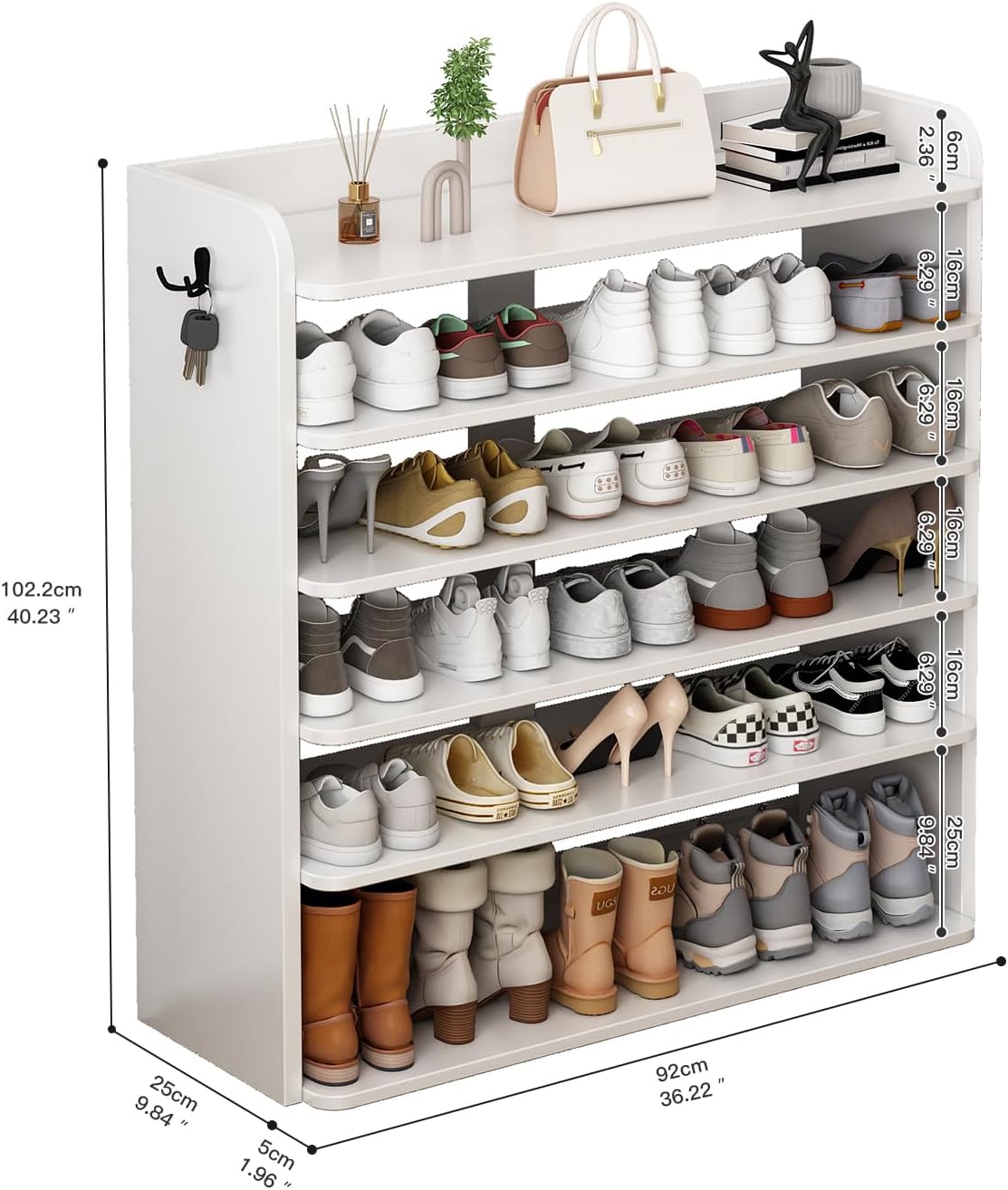 5 Tier Shoe Rack, Wooden Shoe Storage Cabinet, Large Capacity Tall Shoe Shelf Free Standing Shoe Rack Organizer for Closet Entryway Garage Bedroom, White