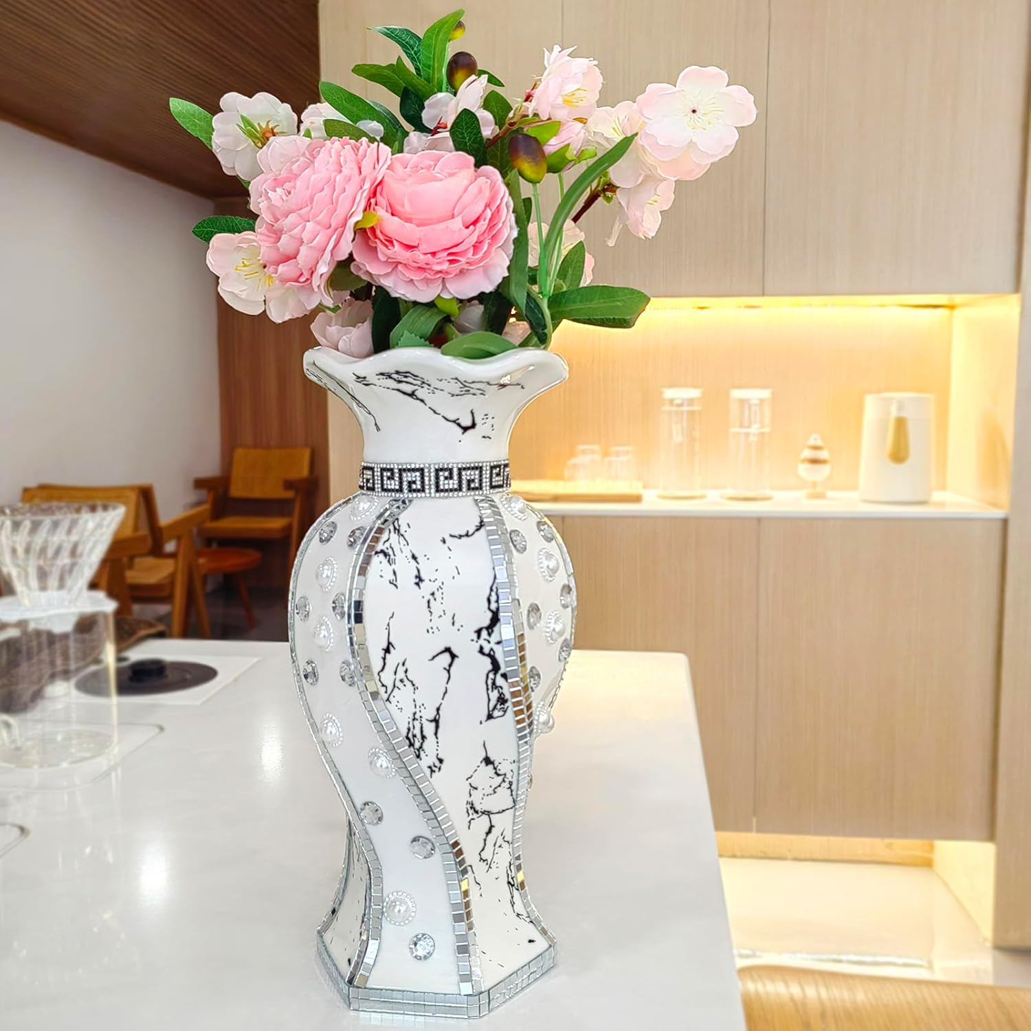 Modern Decorative Vase,Silver Flower Vase for Home Decor with Rhinestone,30 cm Luxury Ceramic Vase for Centerpiece,Living Room,Bedroom,Large Flower Vase