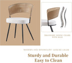 Rattan Dining Chairs Set of 4,Farmhouse Upholstered Teddy Cushion with PE Cane Round Back Kitchen Chair,Mid Century Modern Dining Room Chair with Black Metal for Kitchen,White