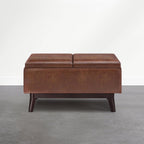 SIMPLIHOME Owen Small Coffee Table Storage Ottoman - 34 inch Wide Upholstered Vegan Leather Rectangle Ottoman in Distressed Pecan Brown, Mid-Century Modern Ottoman for Entryway with Serving Trays