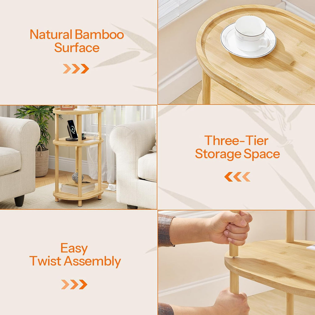 HOOBRO Small Side Table with Charging Station, Small End Table, 3-Tier Oval Bamboo Accent Table, Compact Sofa Bedside Table, for Living Room, Bedroom, Apartment, Natural YL177UBZ01