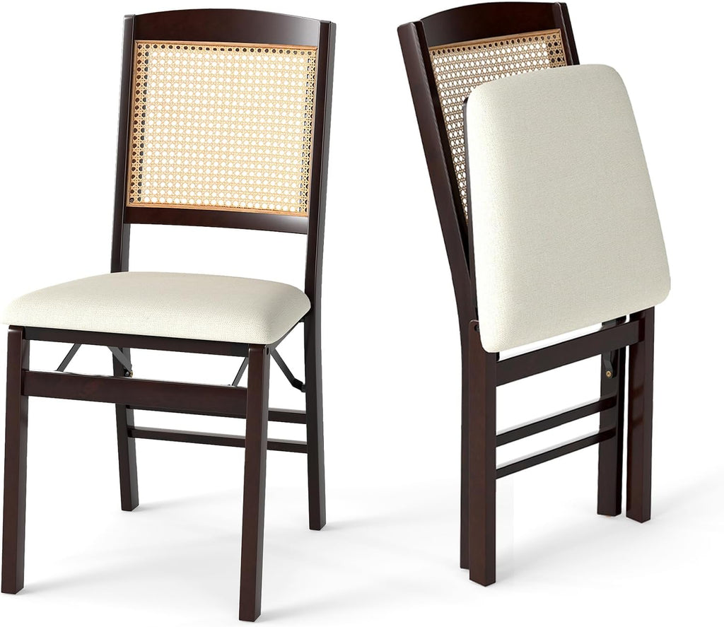 GOFLAME Folding Dining Chairs Set of 2, Linen Fabric Upholstered Kitchen Chairs with Padded Seat and Rattan Backrest, Rubber Wood Legs, Foldable Chairs for Dining Room, Living Room, Espresso