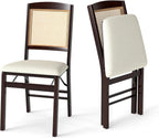 GOFLAME Folding Dining Chairs Set of 2, Linen Fabric Upholstered Kitchen Chairs with Padded Seat and Rattan Backrest, Rubber Wood Legs, Foldable Chairs for Dining Room, Living Room, Espresso