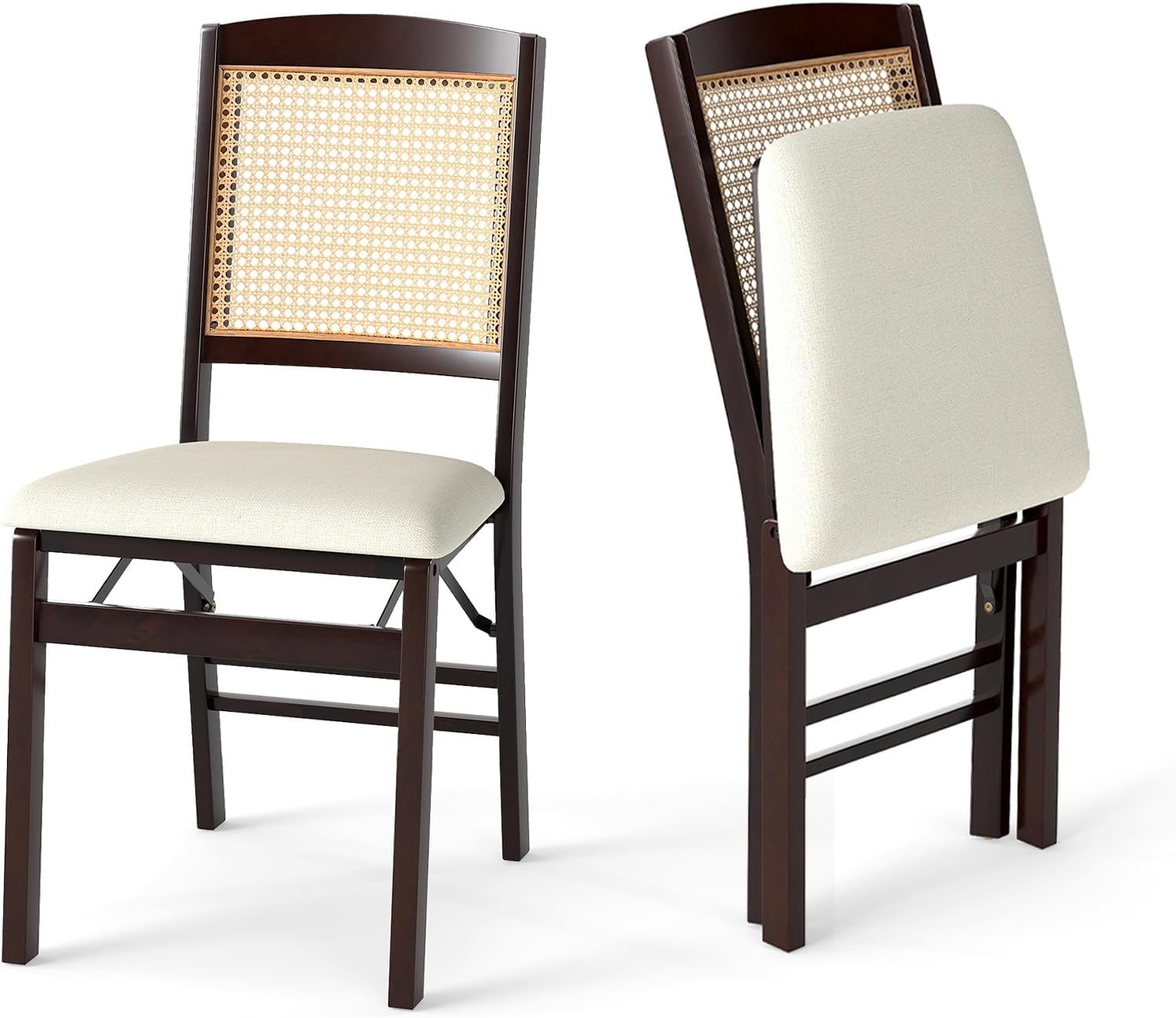 GOFLAME Folding Dining Chairs Set of 2, Linen Fabric Upholstered Kitchen Chairs with Padded Seat and Rattan Backrest, Rubber Wood Legs, Foldable Chairs for Dining Room, Living Room, Espresso