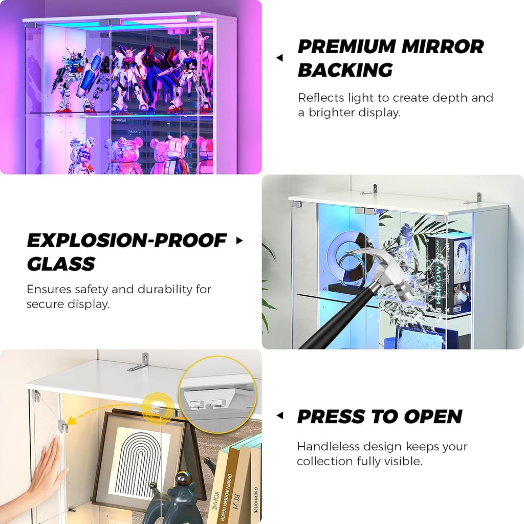 VersionTECH. Display Cabinet with Glass Doors, 4-Tier Curio Cabinet with RGB Lights for Collectibles, Display Case with 2 Drawers, Adjustable Glass Shelves, Human Body Sensor, Mirror Backing, White