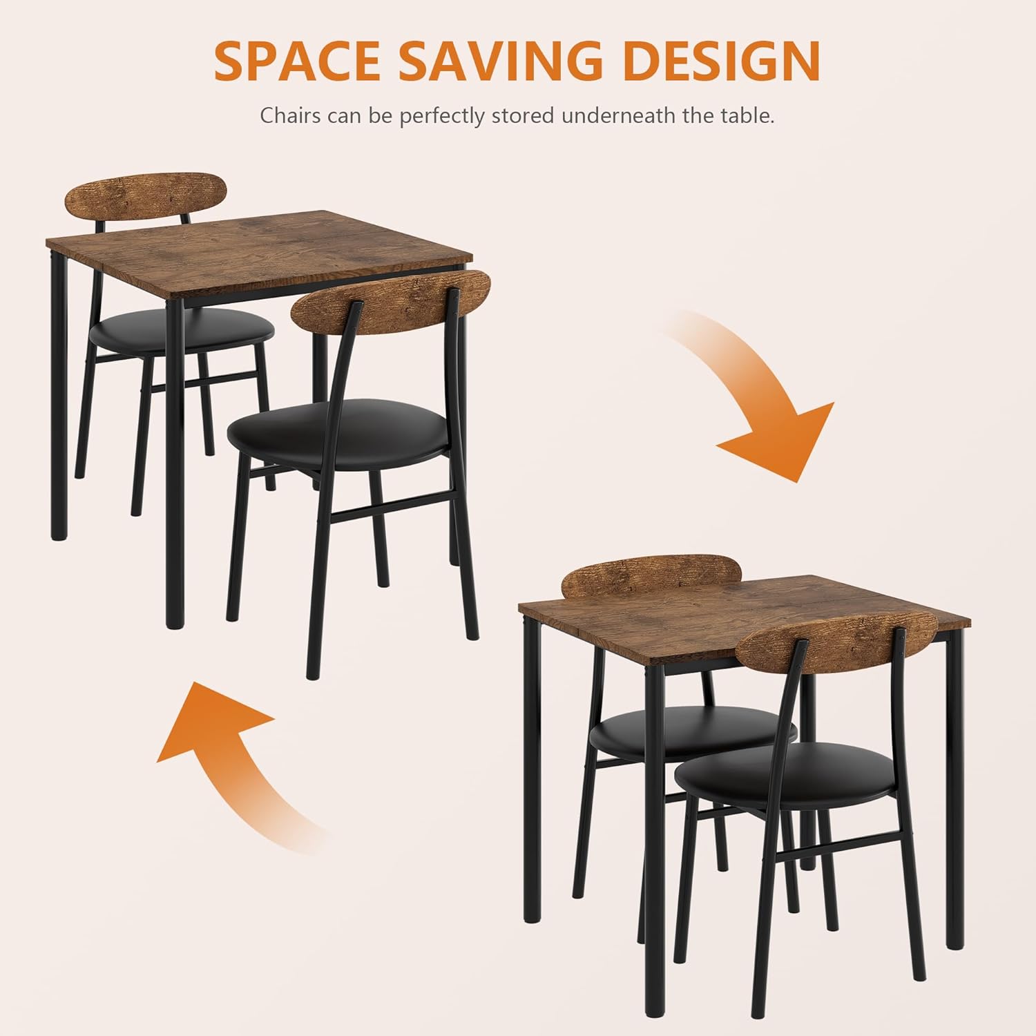 Yumori Dining Table Set for 2, Wood Square Table with 2 Upholstered Chairs for Kitchen and Dining Room, Space Saving (Rustic Brown)