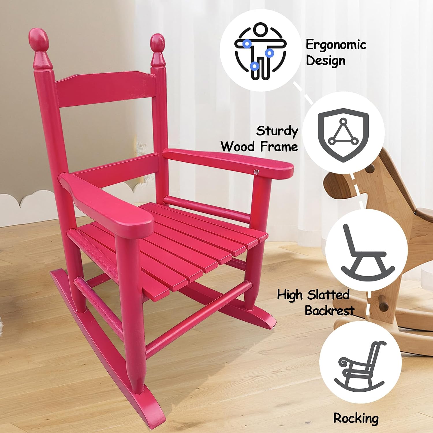 HRVEOCEI Kids Rocking Chair Ages 3-5, Wooden Porch Rocker with Slatted Back Support for Living Room Indoor & Outdoor, Easy Assembly, 110 LBS Capacity (Rose Red)