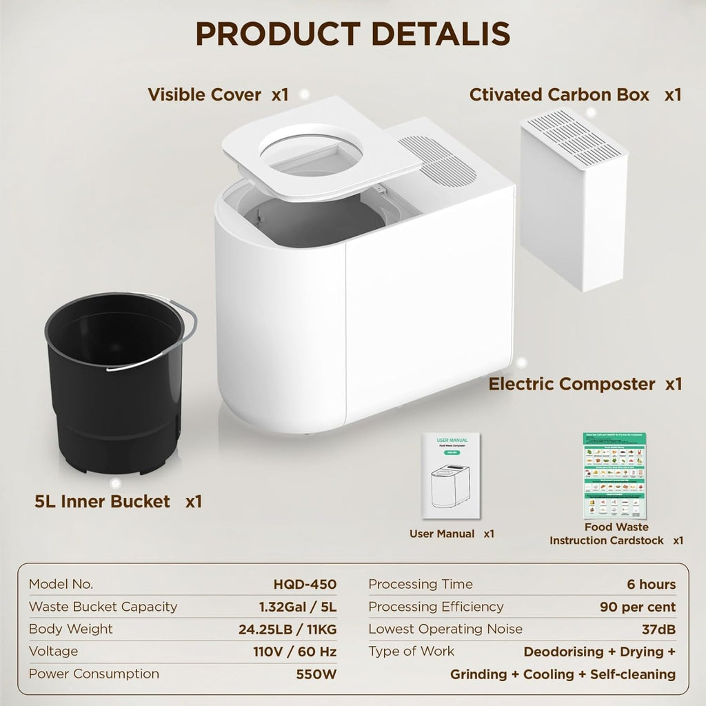 5L Electric Kitchen Composter for Countertop, Smart Indoor Compost Bin with Visible Window, Humidity Sensor, LED Display, Odor Control & Auto-Cleaning, Turns Food Waste into Dry Pre-Compost