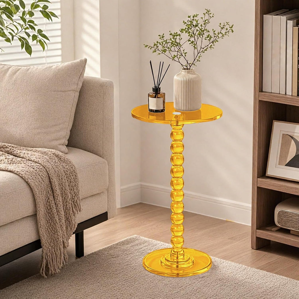 Acrylic Round Side Table Clear End Stand with Column Base Transparent Modern Pedestal Drink Storage Small Space Bedside Nightstand for Living Room Bedroom Balcony Home Decor Orange