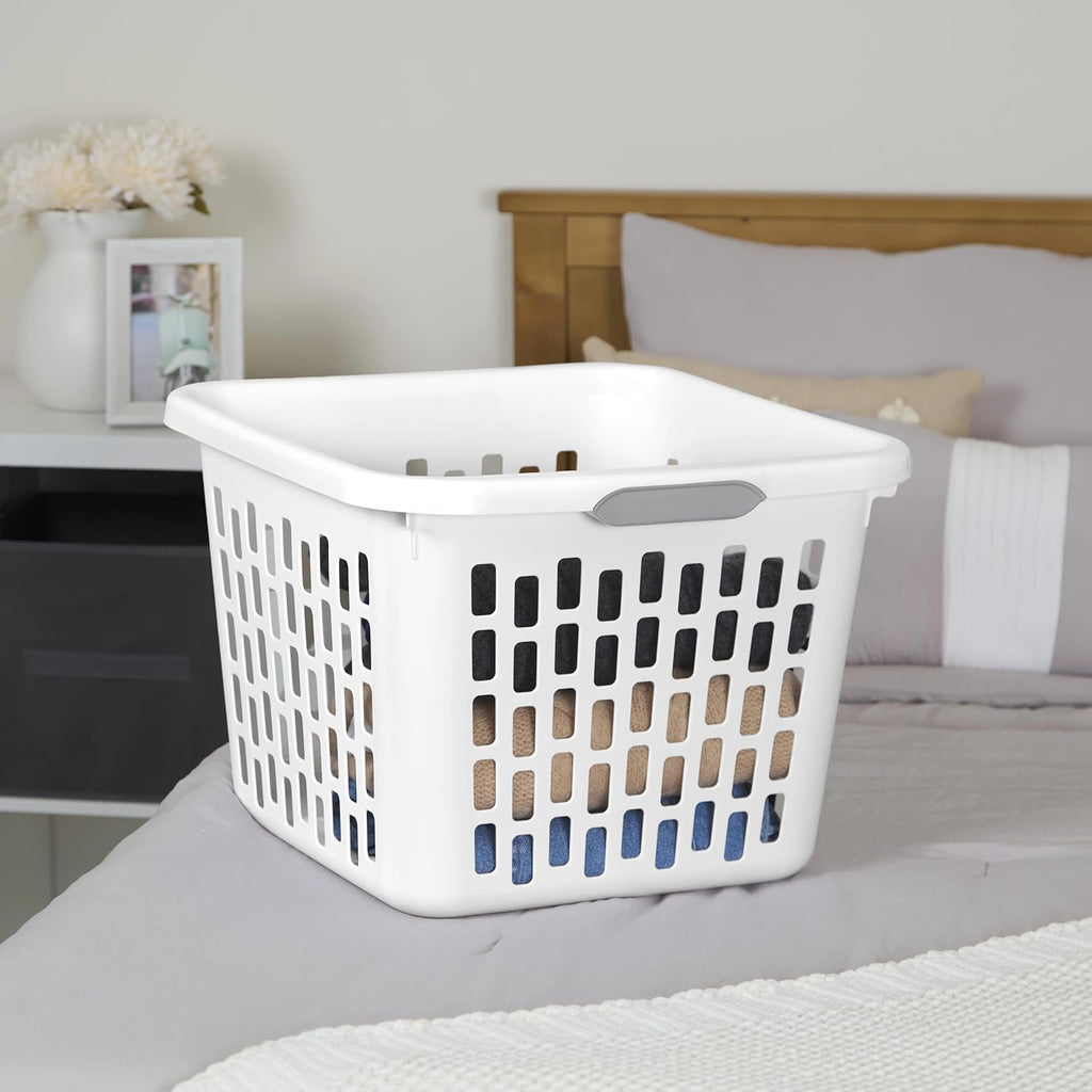 1.5 Bushel Square Plastic Laundry Basket, BPA-Free, White - 2 Comfort Grip Handles, Sturdy & Stackable, for Bedroom, Bathroom & Laundry Room