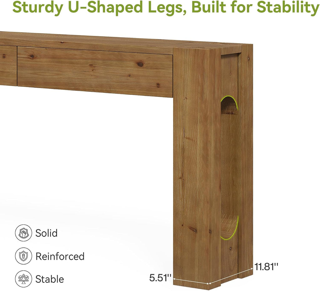 LITTLE TREE 63" Solid Wood Console Table, Farmhouse Entryway Table with 2 Drawers and U-Shaped Legs, Long Sofa Table Behind Couch for Entrance, Hallway, Living Room, Foyer