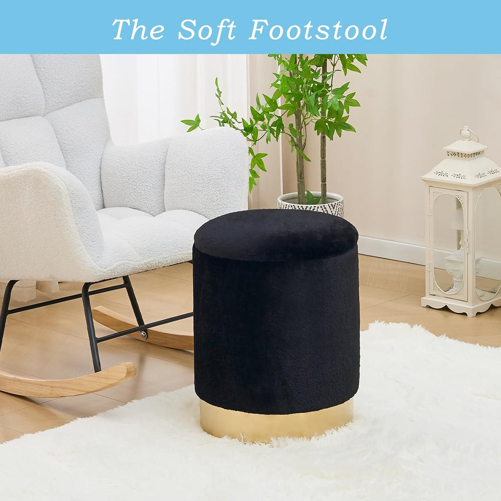 Storage Ottoman,Metal Base Vanity Stool Chair,Modern Round Footstool with Soft Padded Seat,Multipurpose Sofa Table or Plant Stand for Hallway,Living Room and Lounge (Black-Short Plush)