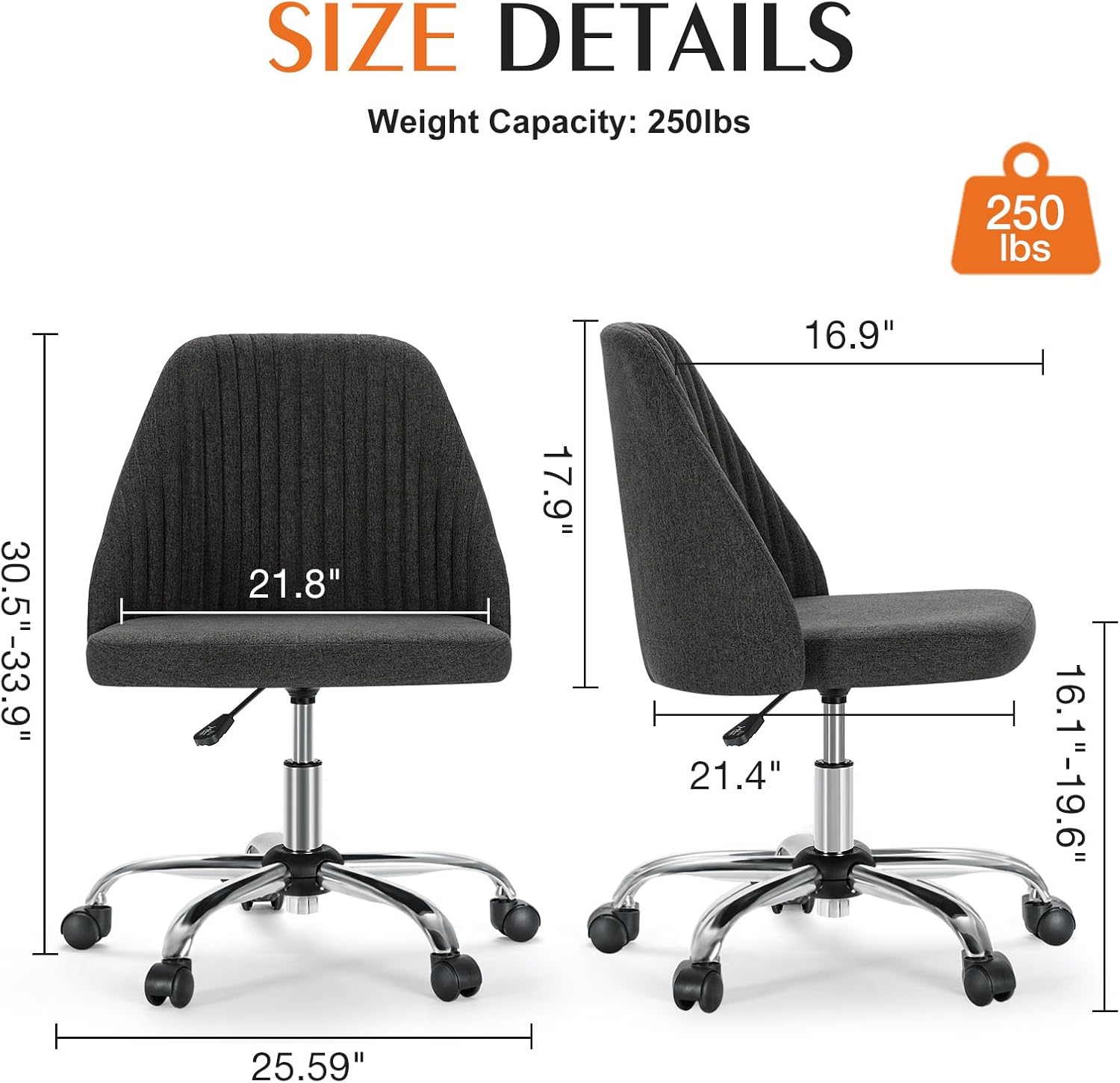 Sweetcrispy Armless Vanity Chair, Cute Comfy Home Office Desk Chair with Wheels, Modern Upholstered Task Computer Seat for Bedroom, Study, Makeup Vanity, Height Adjustable & Swivel, Deep Gray