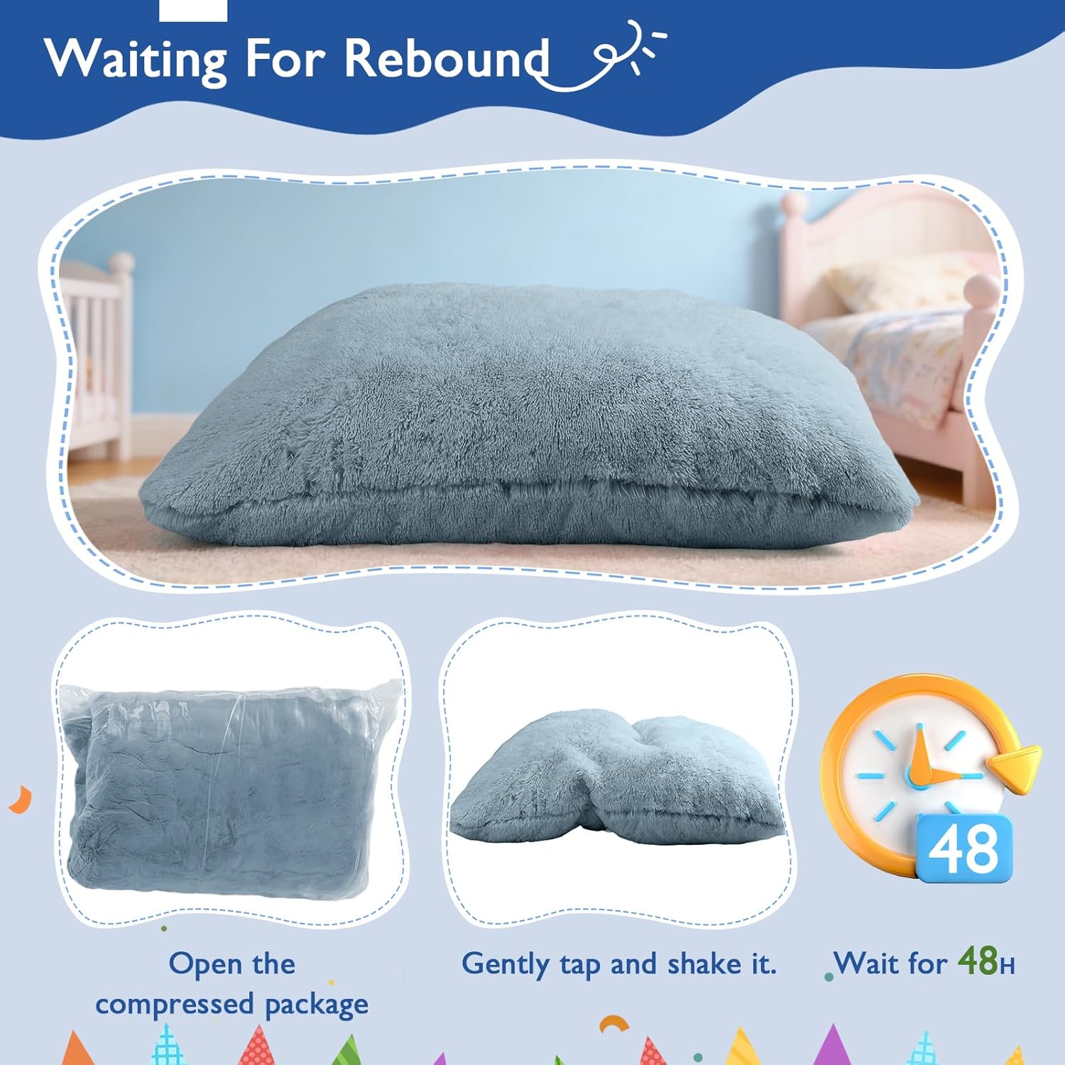3 in 1 Kids Bean Bag Chair Bed, Kids Fluffy Stuffed Floor Pillow for Gaming and Reading, Ultra Soft Faux Fur Fabric Bean Bag Chairs to Lounger for Playroom, Living Room, Bedroom, Gray