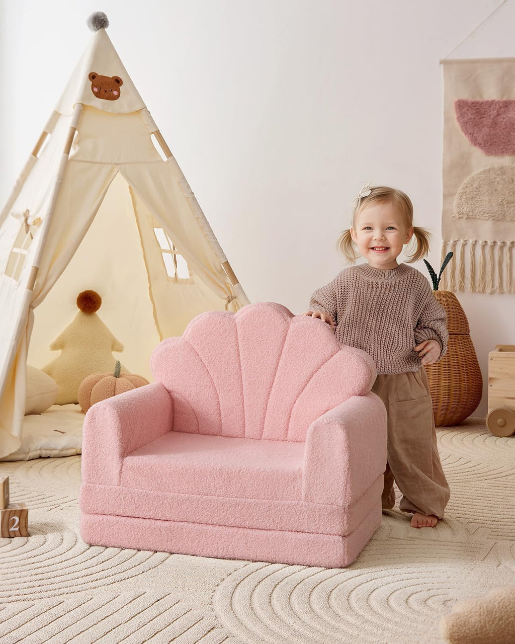 Blissful Diary Kids Couch, 2-in-1 Soft Fold Out Kids Couch, Kids Sofa Chair, Comfy Kids Furniture for Playroom, Reading & Play, Pink Shell