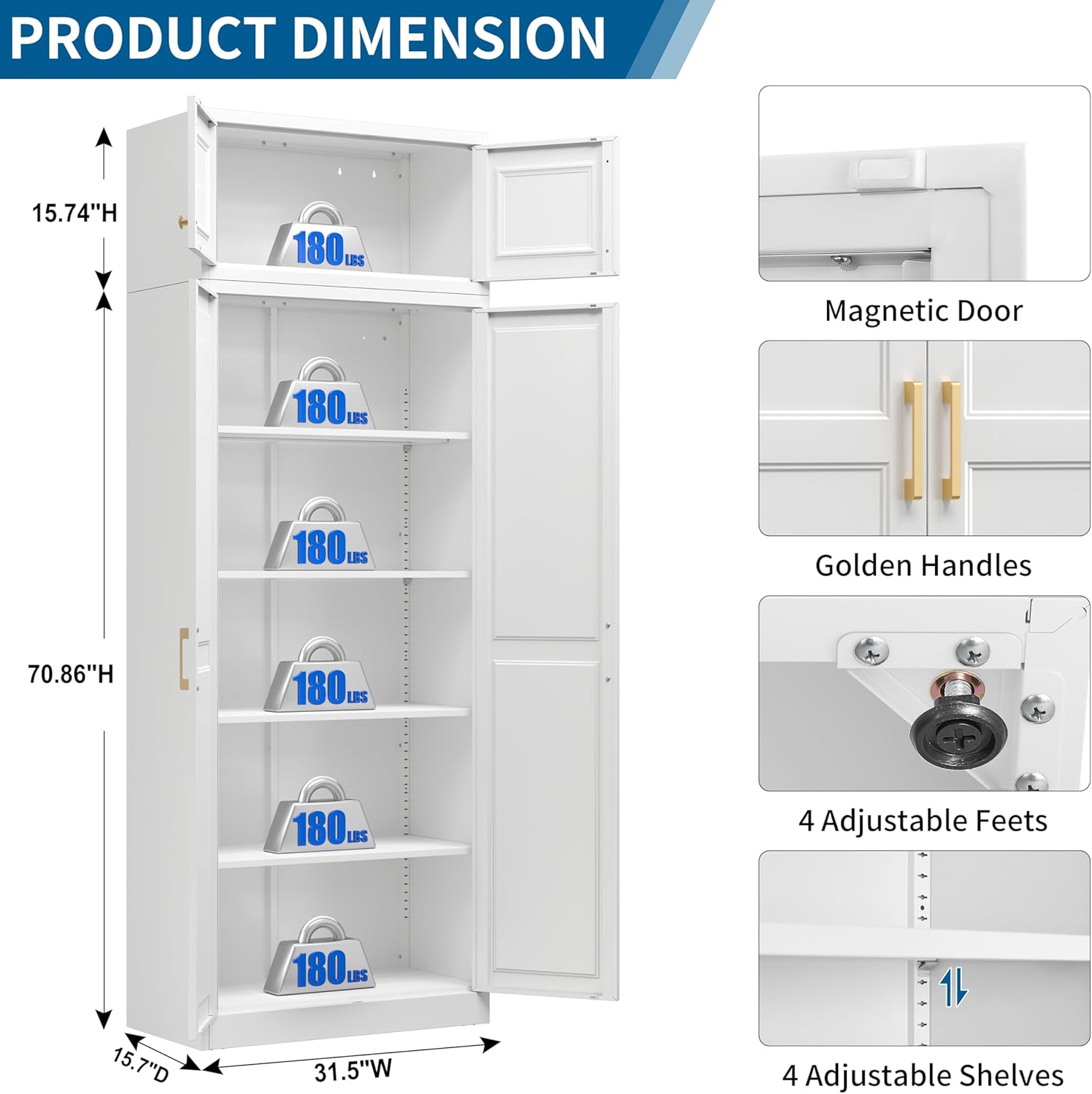 86" Tall Metal Kitchen Pantry Storage Cabinet with Doors and 4 Adjustable Shelves, Extra Large Heavy Duty Steel Storage Cabinet for Kitchen, Garage, Living Room, Pantry Cupboard, White (2 Packages)