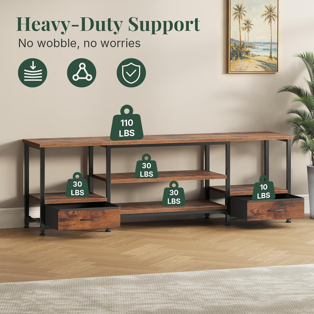 TV Stand for Living Room, Entertainment Center for TVs Up to 75 Inch, Industrial Media Console Table with Charging Station and Storage Drawers for Bedroom, Open Shelves, Rustic Brown