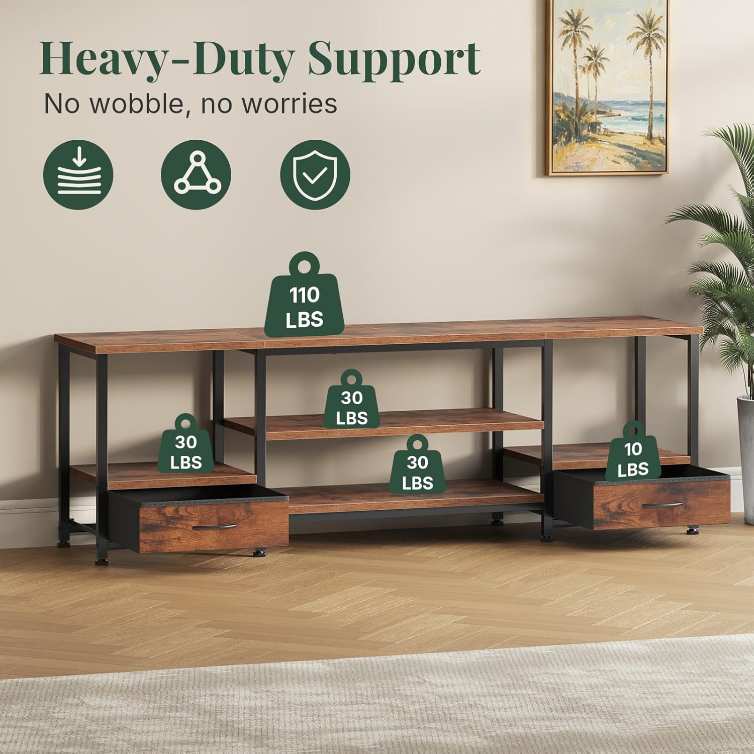 TV Stand for Living Room, Entertainment Center for TVs Up to 75 Inch, Industrial Media Console Table with Charging Station and Storage Drawers for Bedroom, Open Shelves, Rustic Brown