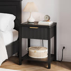 Fultyle Night Stand with Drawer, Mid Century Nightstand with Storage, Modern Fluted Bedside Table Bedroom Living Room for Small Space, Office, Black