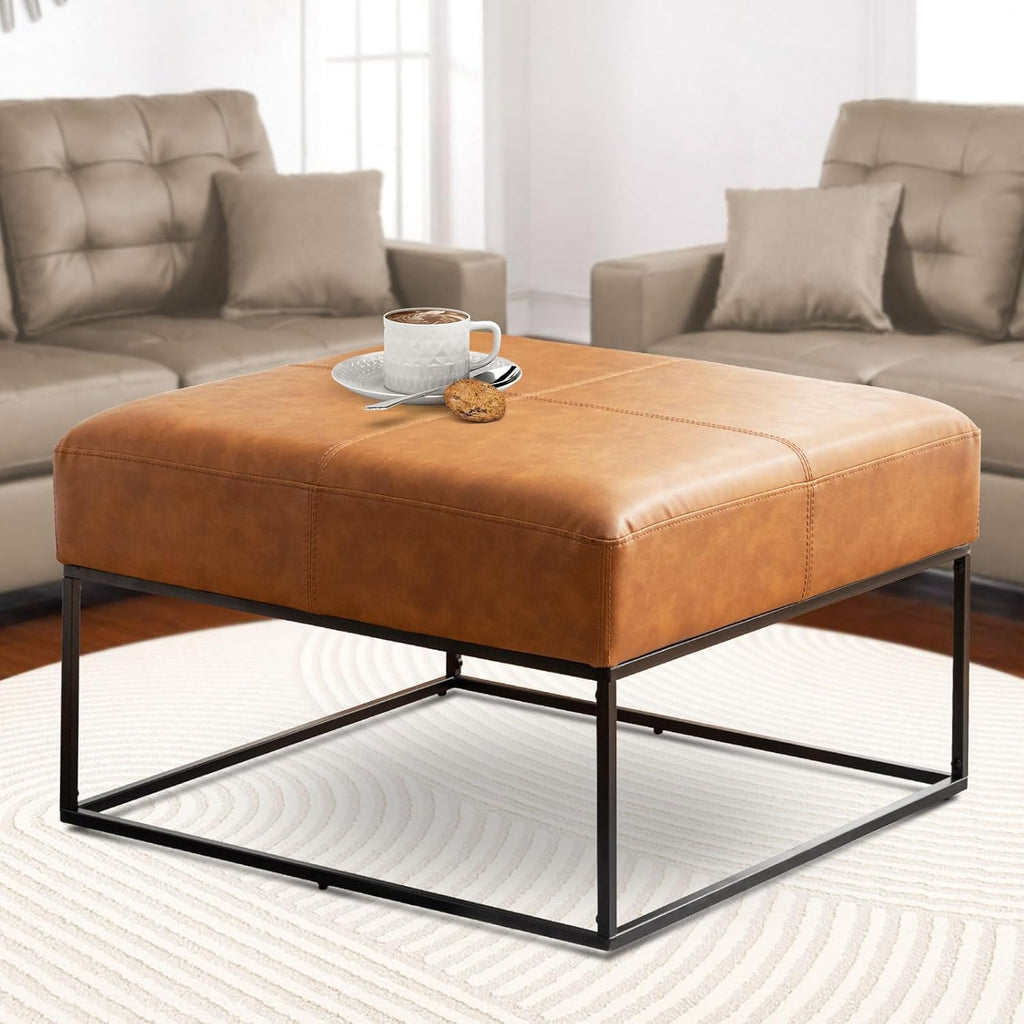 Modern Square Coffee Table, Farmhouse Ottoman for Living Room, Large Vintage Leather Coffee Tables with Faux Leather Upholstered Padded Seat [Square, Vintage Brown, 30'']