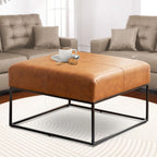 Modern Square Coffee Table, Farmhouse Ottoman for Living Room, Large Vintage Leather Coffee Tables with Faux Leather Upholstered Padded Seat [Square, Vintage Brown, 30'']