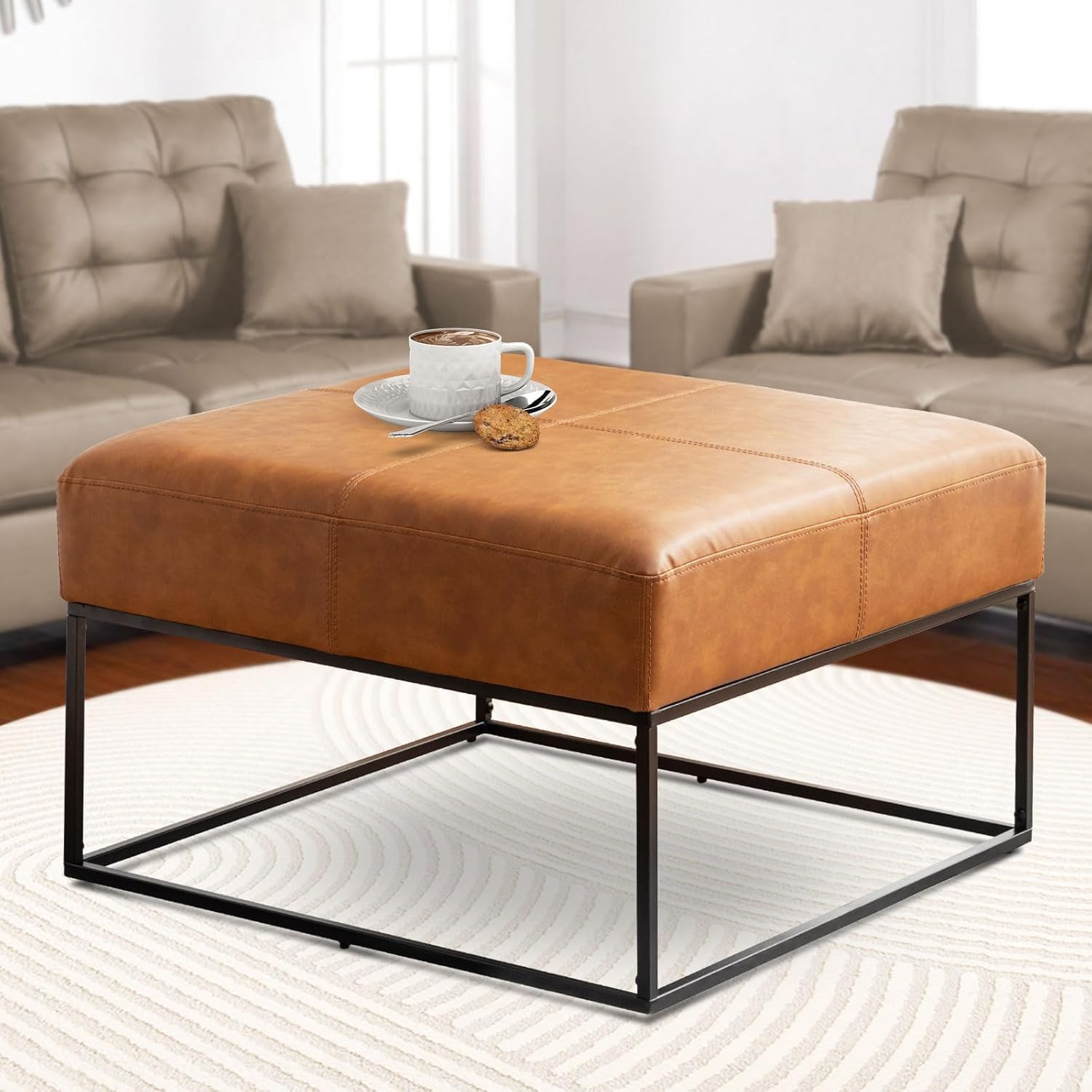 Modern Square Coffee Table, Farmhouse Ottoman for Living Room, Large Vintage Leather Coffee Tables with Faux Leather Upholstered Padded Seat [Square, Vintage Brown, 30'']