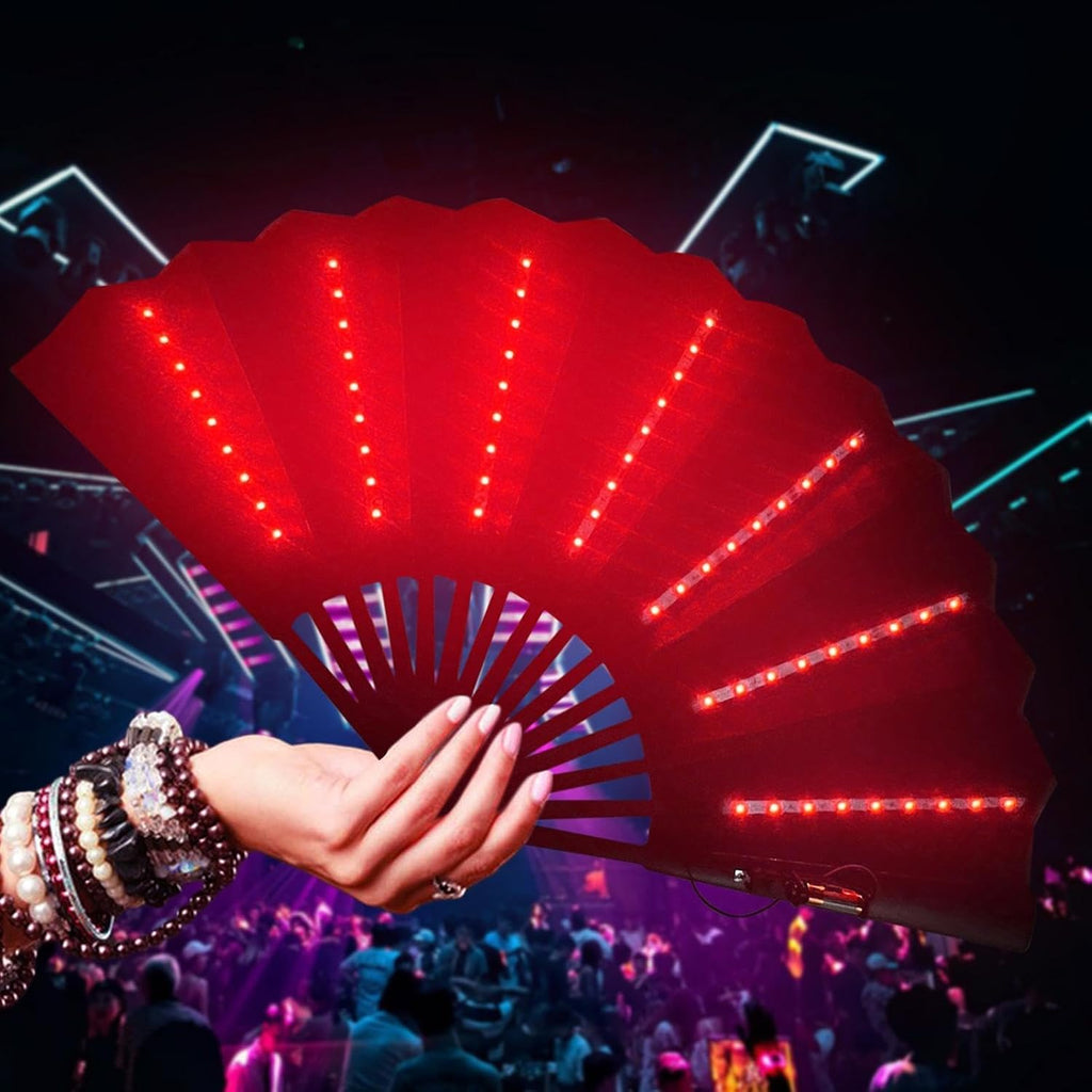Folding Hand Fan - LED Large Light Up Festival Fãn Battery Included | Řave Faņ with Liģht Portable Følding - Performance Show Party Fån for Stage Carnival Club Belly Dance, Night Event Prop