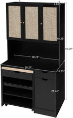 69" Kitchen Pantry Cabinet with Microwave Stand & Rolling Cart - Freestanding Storage Cabinet, 3 Rattan Doors, Adjustable Shelves, Anti-Tip Design for Kitchen, Dining Room, Black