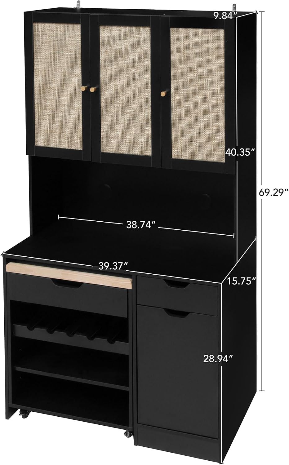 69" Kitchen Pantry Cabinet with Microwave Stand & Rolling Cart - Freestanding Storage Cabinet, 3 Rattan Doors, Adjustable Shelves, Anti-Tip Design for Kitchen, Dining Room, Black