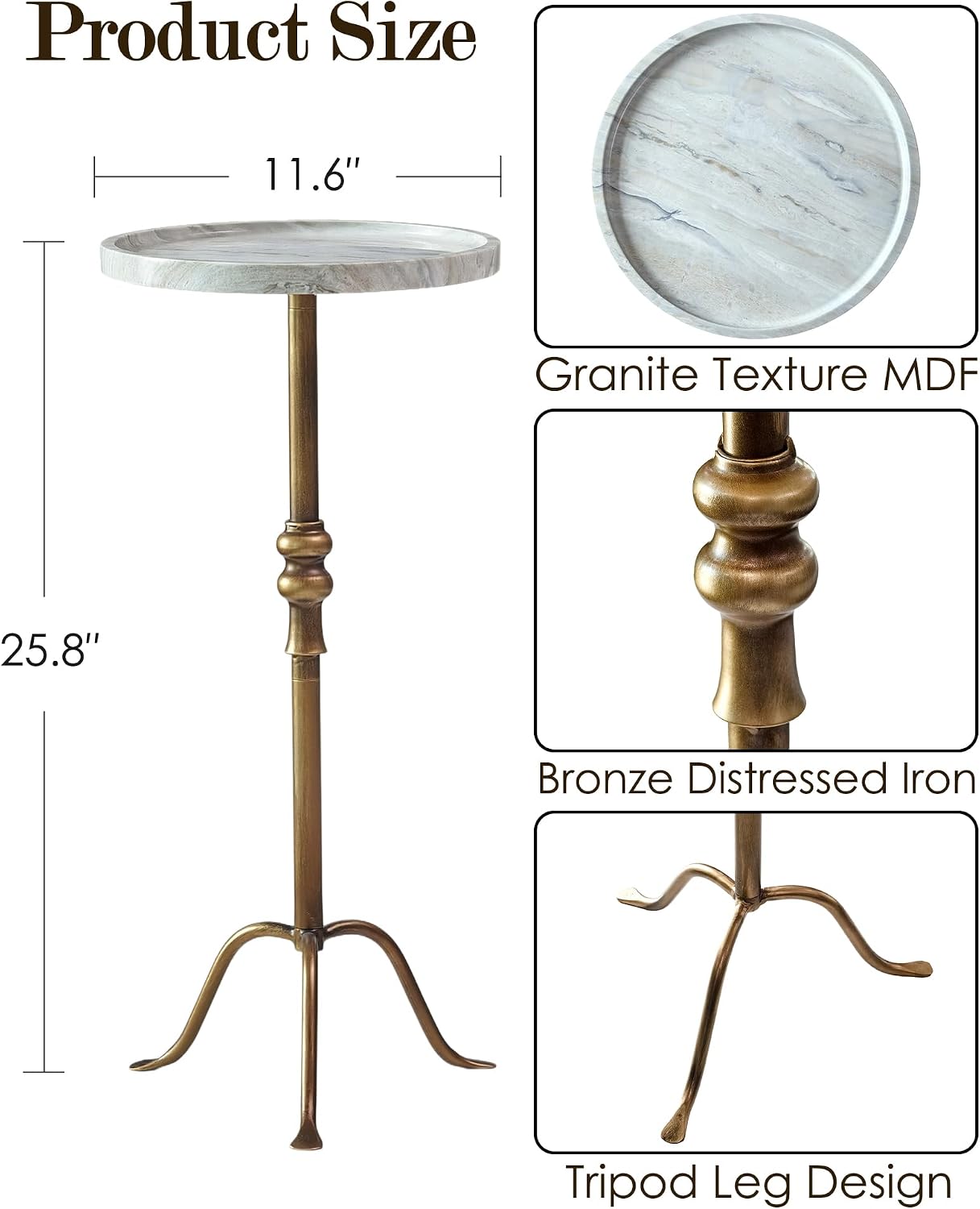 Brass Distressed Iron Round Pedestal End Table, 25 Inch Vintage Martini Cocktail Accent Table with Tray Top for Living Room, Bedroom (White Marble)