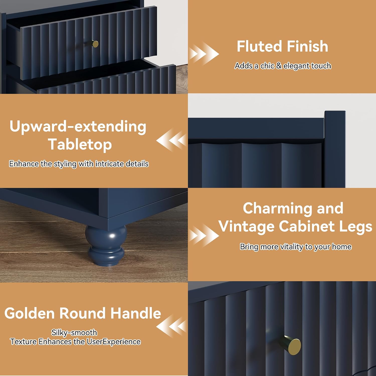 22 inch Tall Blue Nightstand Set of 2, Fluted Bedside Table with 2 Drawers and Open Shelf, Small End Table with Gold Handle for Bedroom (2, Blue)