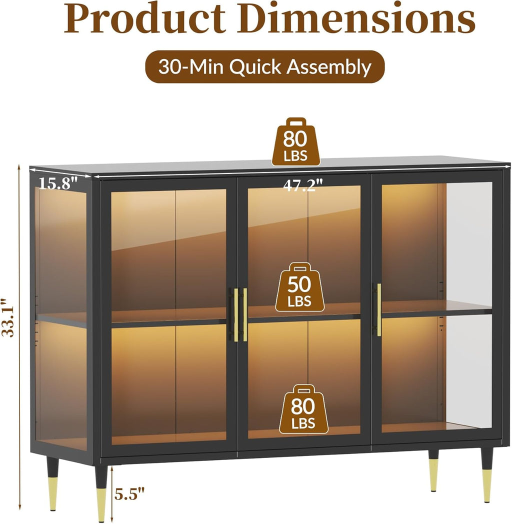 Glass Sideboard Buffet Cabinet with LED Lights, Metal & Wood Modern Storage Cabinet with 3 Glass Doors, Adjustable Shelves, Coffee Bar Cabinet for Kitchen, Entrance, Living Room, Dining Room, Black