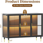 Glass Sideboard Buffet Cabinet with LED Lights, Metal & Wood Modern Storage Cabinet with 3 Glass Doors, Adjustable Shelves, Coffee Bar Cabinet for Kitchen, Entrance, Living Room, Dining Room, Black