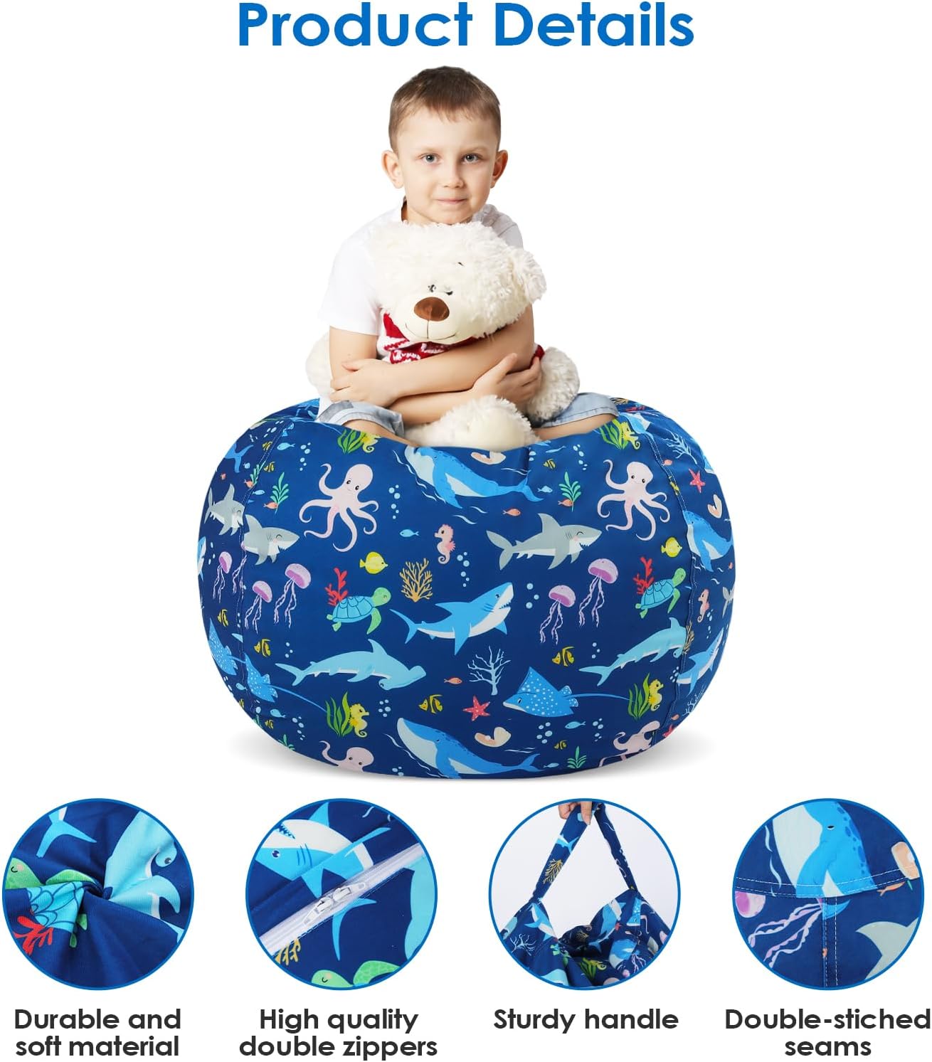 Bean Bag Chair Cover for Kids Stuffed Animal Storage Organizer Seat | Toddler Toy Storage Organizer, For Girls and Boys, Large 32'', Cover Only (No Filling)