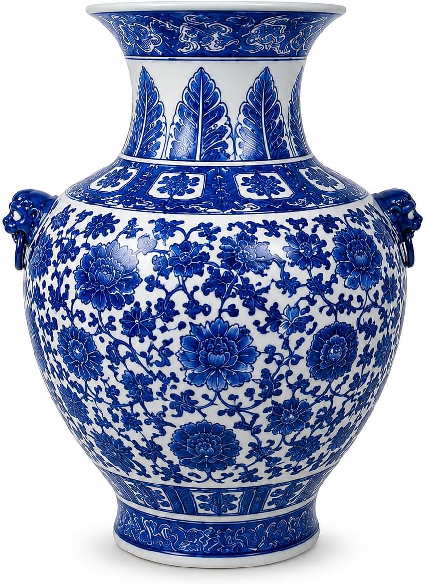16“ Classic Blue and White Floral Porcelain Vase, Double Lion Head Ears Ceramic China Ming Style