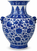 16“ Classic Blue and White Floral Porcelain Vase, Double Lion Head Ears Ceramic China Ming Style