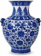 16“ Classic Blue and White Floral Porcelain Vase, Double Lion Head Ears Ceramic China Ming Style