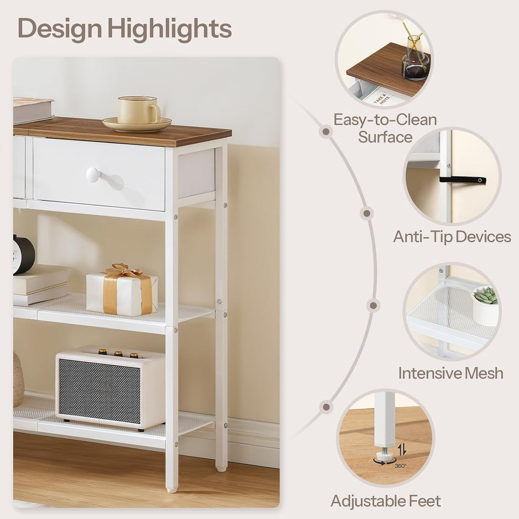 HOOBRO 29.5" Narrow Console Table with 2 Fabric Drawers, Sofa Table, Small Entryway Table with 3-Tier Storage Shelves, Behind Couch Table, for Living Room, Hallway, Walnut and White WH72XG01