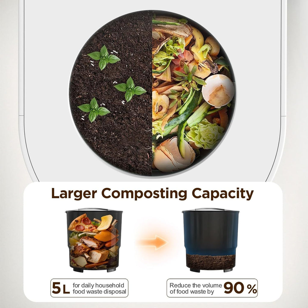 5L Electric Kitchen Composter for Countertop, Smart Indoor Compost Bin with Visible Window, Humidity Sensor, LED Display, Odor Control & Auto-Cleaning, Turns Food Waste into Dry Pre-Compost