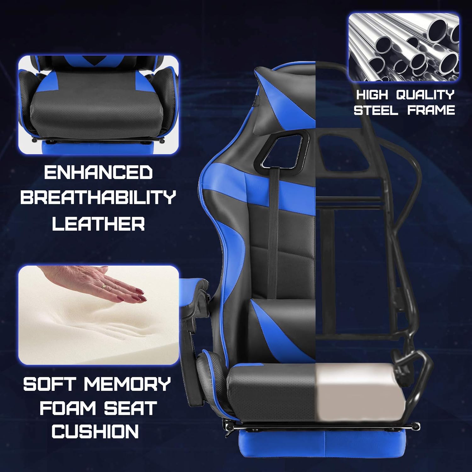 Huracan Gaming Chair with Footrest, Ergonomic Computer Chair Lumbar Support, Adjustable High Back Recliner for Adults, Racing Style Video Gaming Chairs, for Home Office Streaming, Blue