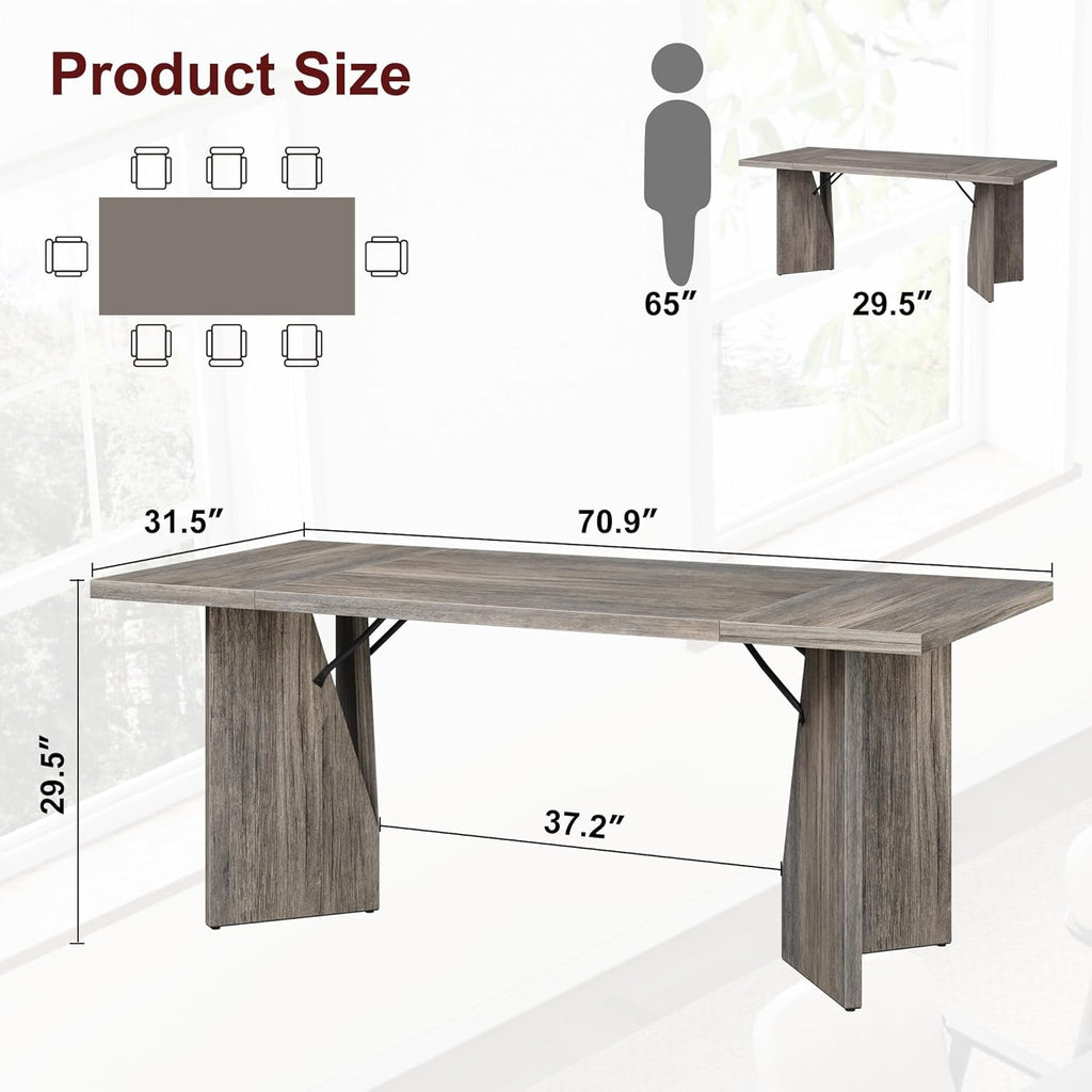 GarveeHome 70.9'' Rectangular Dining Table for 6-8, Wooden Thickened Long Desk, Farmhouse Kichen Table with Sturdy Frame and M-Shaped Legs, for Dining Room, Kitchen, Living Room, Office, Retro Brown