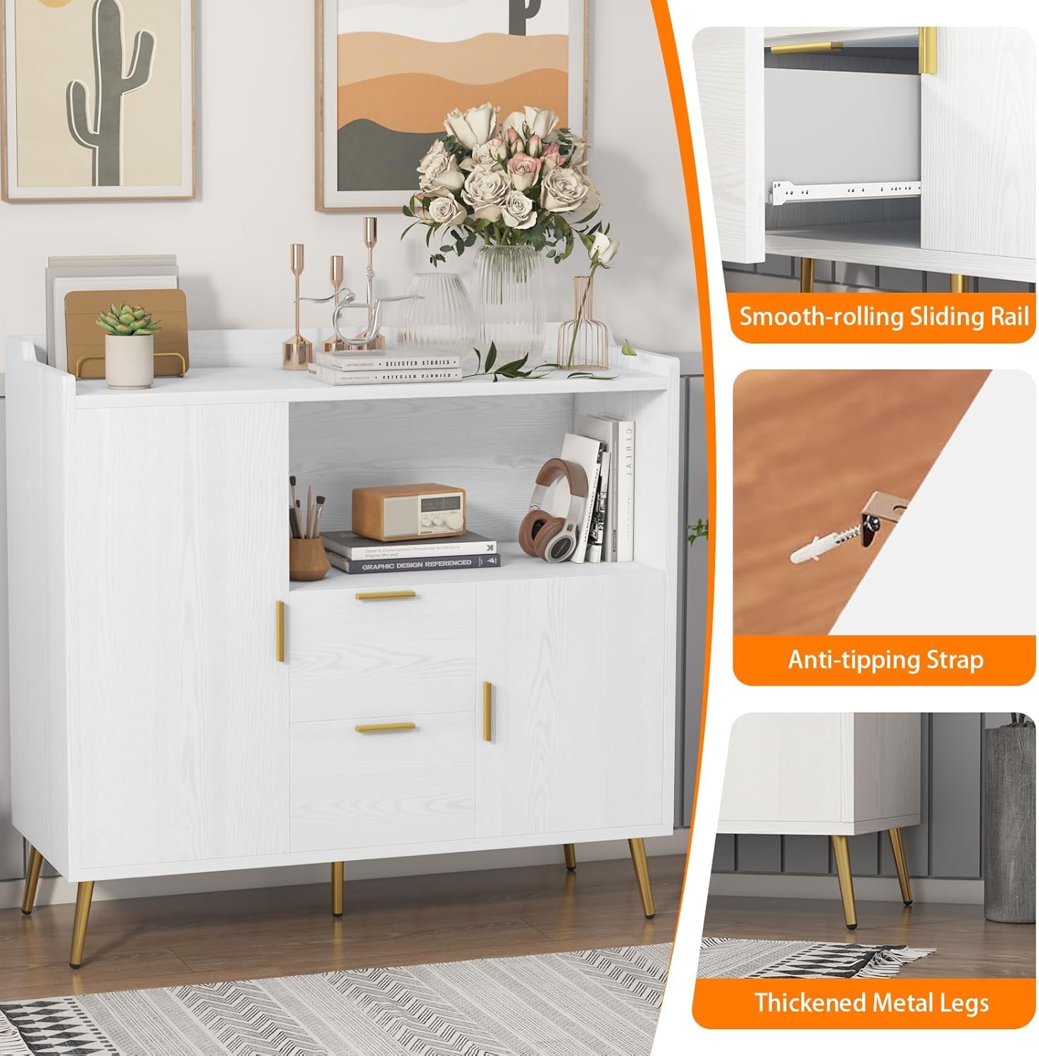 40 Inch Sideboard Buffet Cabinet with Storage & Drawers, Sturdy Wood Kitchen Cabinet with Waterproof Surface for Easy Maintenance