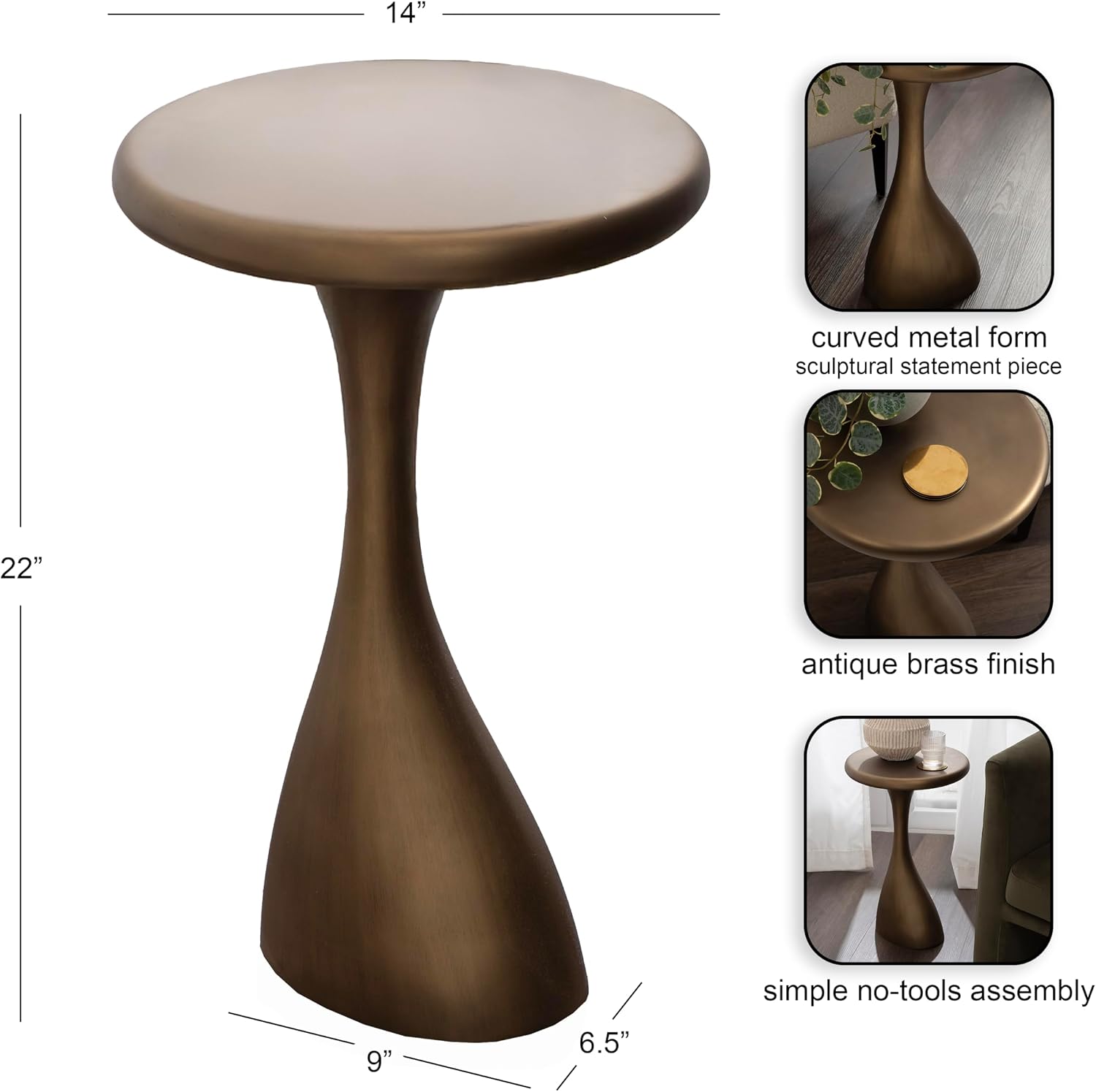 Kate and Laurel Auclair Modern Metal Round Side Table, 14 x 14 x 22, Antique Brass, Sculptural Circle End Table for Use as Unique Bedroom Nightstand or Pedestal Martini Table