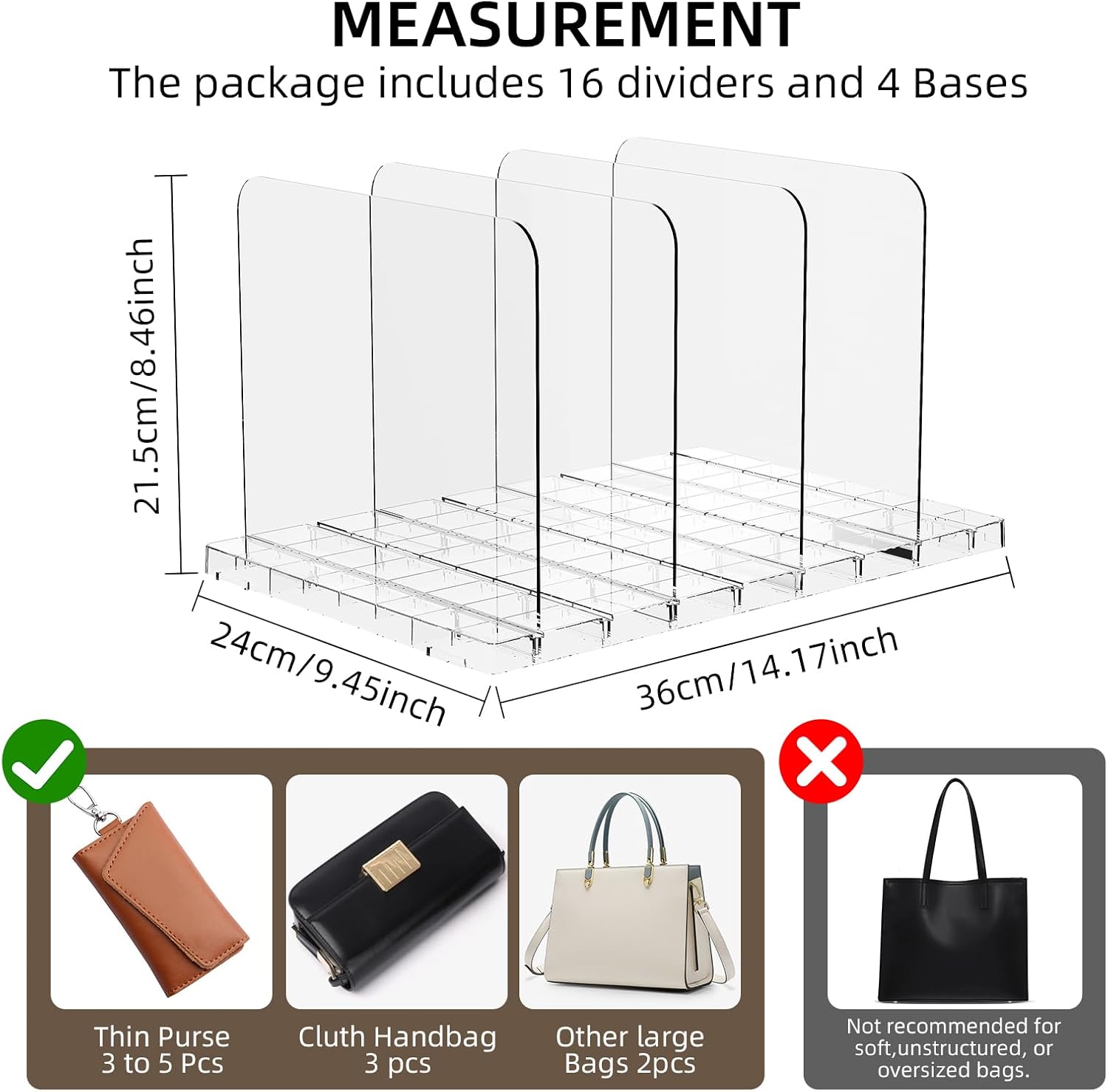 Stackable Bag & Purse Organizer for Closet Shelf Acrylic Shelf Dividers for Closet Organization, Clear Handbag Purse Storage Organizer Divider, Keep Clutch, Wallet, Pocketbook Upright, 4 Pack
