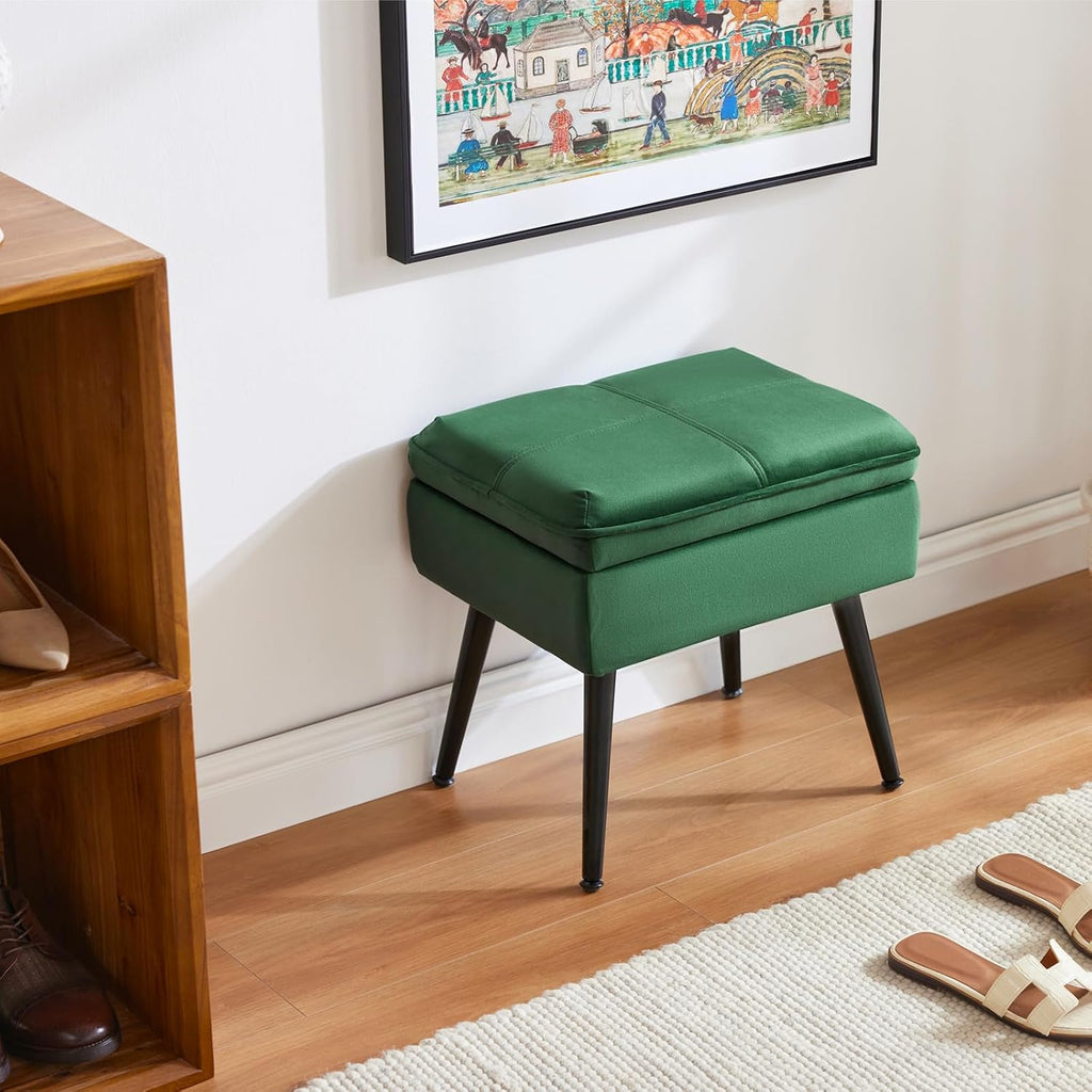 Storage Ottoman Upholstered Stool with Padded Seat, Tufted Vanity Stool with Metal Legs, Accent Stool, Velvet, Green