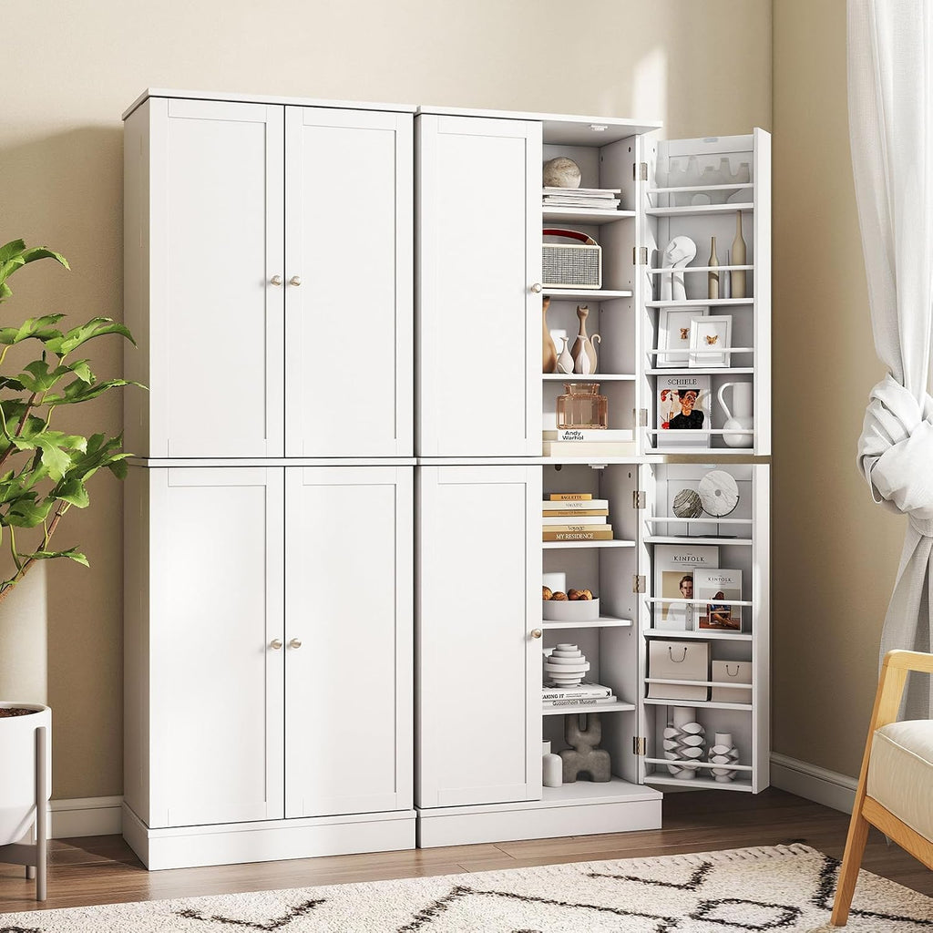 65.5" Kitchen Pantry Cabinet, Freestanding Storage Cabinet with Doors and Adjustable Shelves, 16-Tier Door Shelves with Baffle, Wooden Buffet Cupboard for Dining Room Living Room (White)