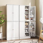 65.5" Kitchen Pantry Cabinet, Freestanding Storage Cabinet with Doors and Adjustable Shelves, 16-Tier Door Shelves with Baffle, Wooden Buffet Cupboard for Dining Room Living Room (White)